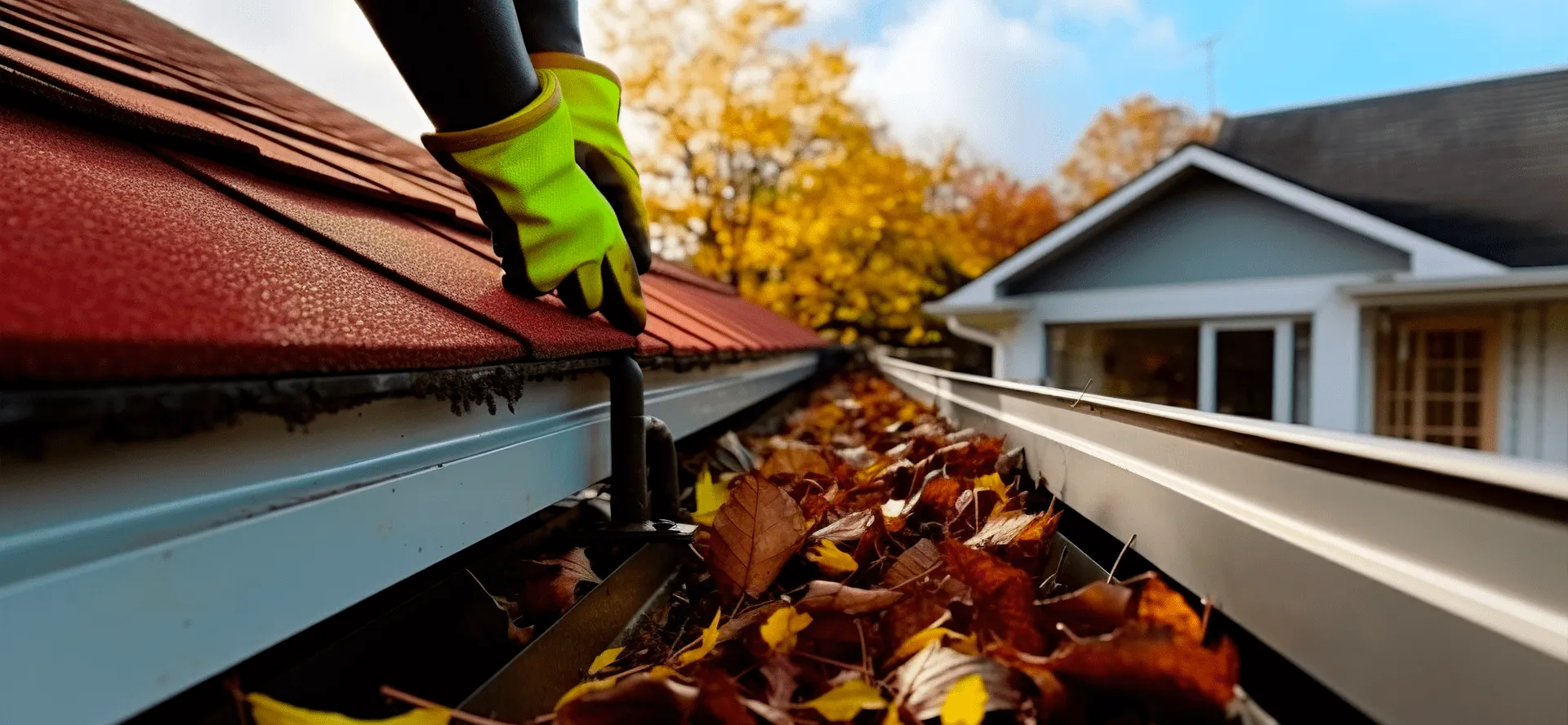 Professional seamless aluminum gutter installation on a modern two-story residential home with precision downspout drainage